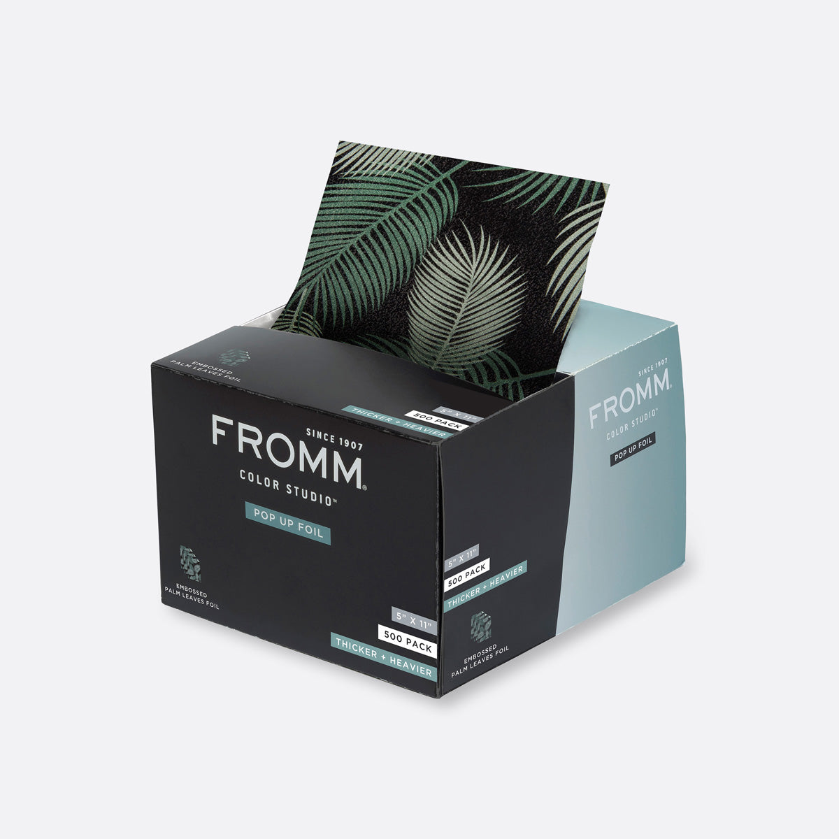 Box of FROMM Color Studio hair color palms foil with a leaf pattern on a white background