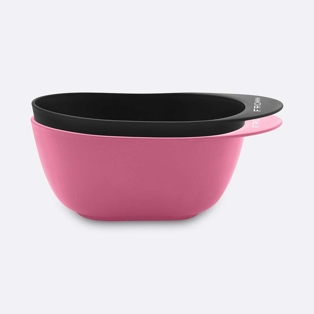 Pink and black mixing color bowls on a light grey background with 'FROMM' branding