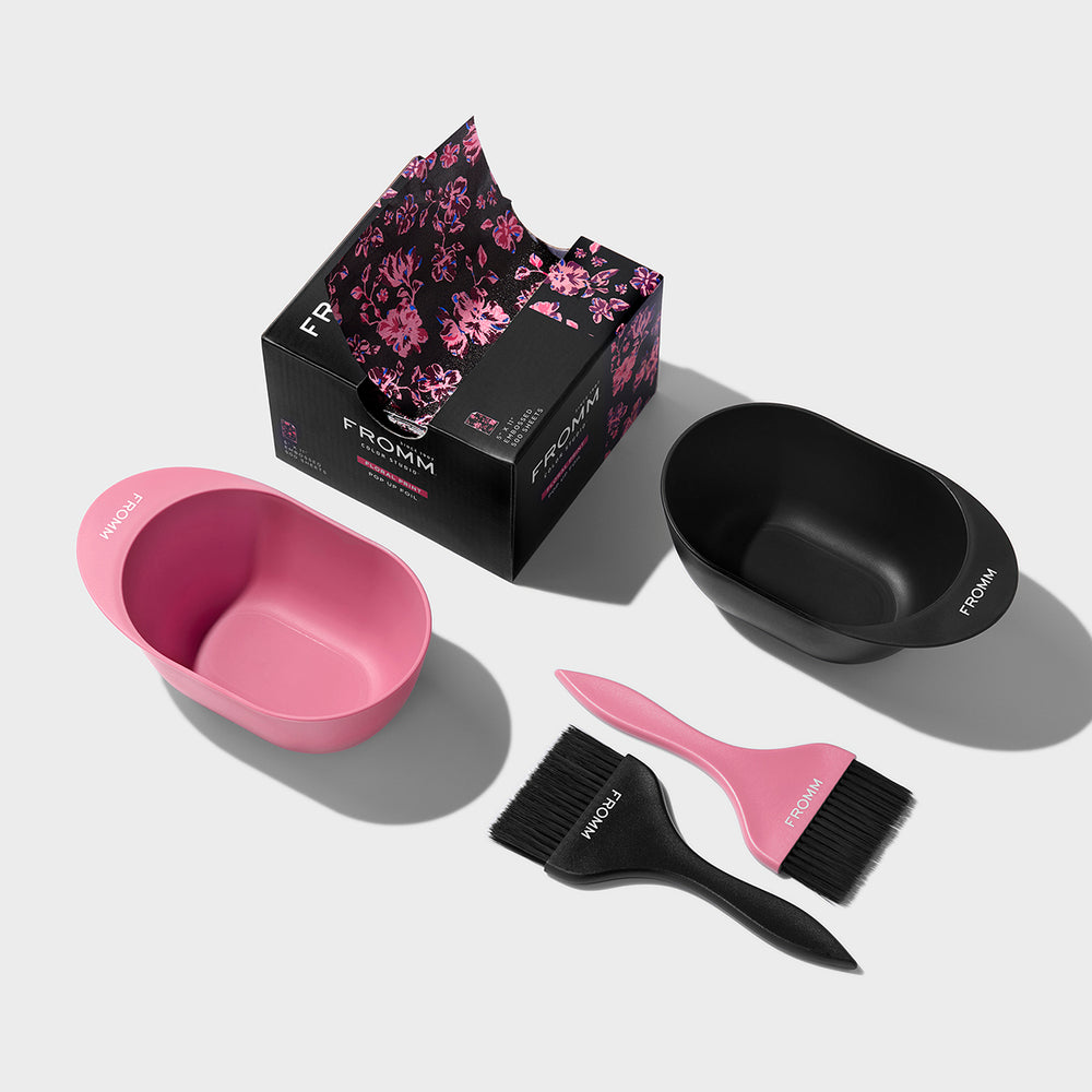 A group shot of fromm pro floral foils, pink and black color bowls and color brushes