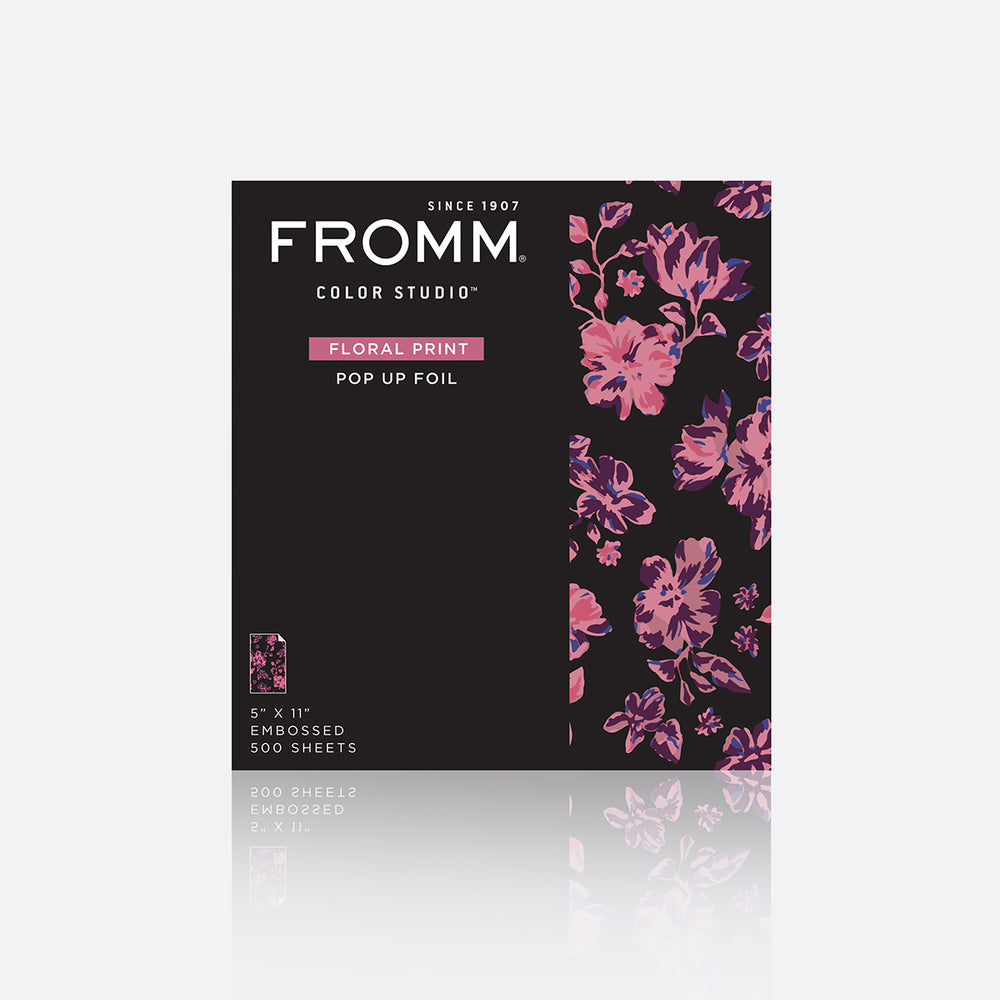 Packaging of FROMM Color Studio floral print pop-up foil with pink floral design 