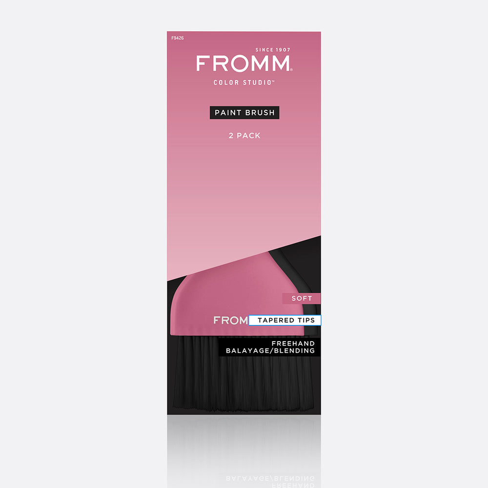 Packaging of FROMM paint brushes with pink and black design on a light grey background