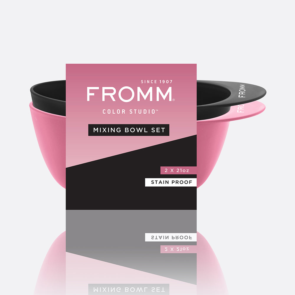 Pink and black color mixing bowl set with FROMM Color Studio packaging on a light grey background
