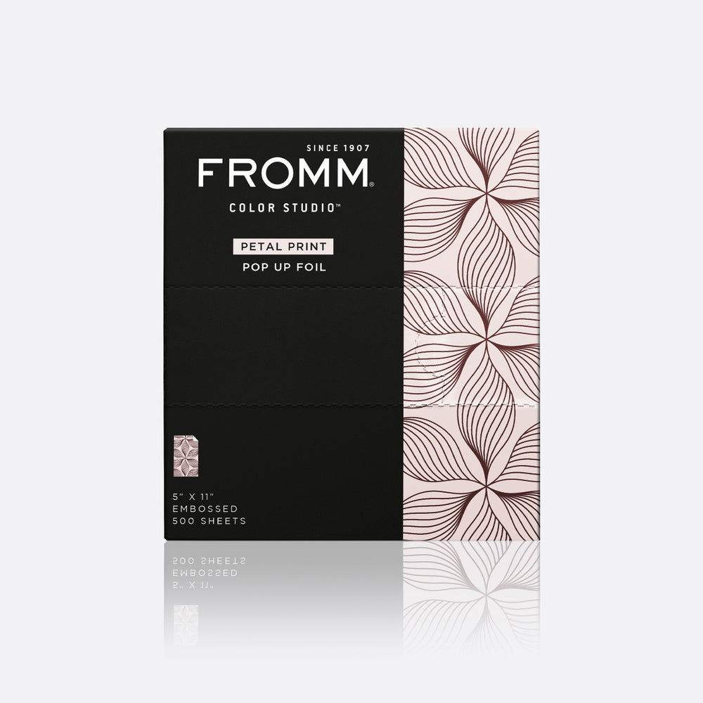 Packaging of FROMM Color Studio pop-up petal foil with pink and black design on a white background