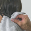 FROMM Softees microfiber towels in grey soaking up water in wet hair